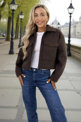 Chocolate Marl Zip Up Pocket Detail Boxy Jacket