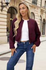 Burgundy Marl Bubble Hem Zip Up Bomber Jacket