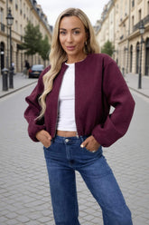 Burgundy Marl Bubble Hem Zip Up Bomber Jacket