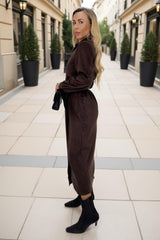 Chocolate Faux Suede Belted Wrap Shirt Midi Dress