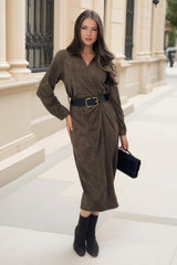 Khaki Faux Suede Belted Wrap Shirt Midi Dress