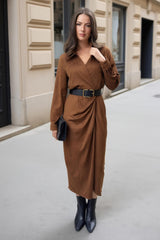 Tan Faux Suede Belted Wrap Shirt Midi Dress