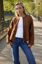 Tan Faux Suede Bubble Hem Bomber Jacket