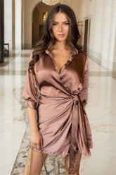 Chocolate Satin Tie Waist Wrap Shirt Mini Dress