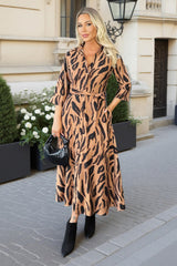 Multi Tiger Print 3/4 Sleeve Shirt Midi Dress
