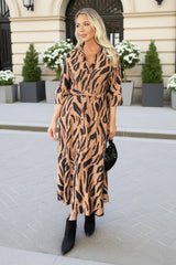 Multi Tiger Print 3/4 Sleeve Shirt Midi Dress