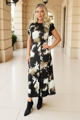 Black Abstract Print Flutter Sleeve Midi Dress