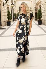 Black Abstract Print Flutter Sleeve Midi Dress