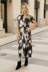 Brown Watercolour Print Flutter Sleeve Midi Dress