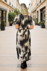 Brown Watercolour Print Flutter Sleeve Midi Dress