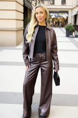 Chocolate Faux Leather Button Front Jacket