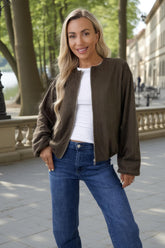 Khaki Faux Suede Bubble Hem Bomber Jacket