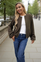 Khaki Faux Suede Bubble Hem Bomber Jacket