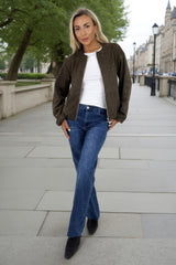 Khaki Faux Suede Bubble Hem Bomber Jacket