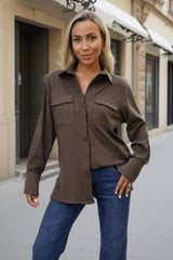Khaki Faux Suede Long Sleeve Utility Shirt