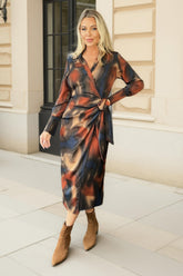 Multi Smudge Print Tie Waist Wrap Shirt Midi Dress