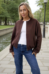 Chocolate Faux Suede Bubble Hem Bomber Jacket