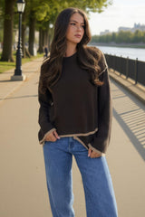 Chocolate Contrast Piping Crew Neck Jumper
