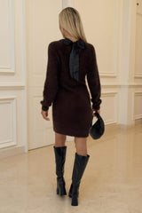 Chocolate Fluffy Knit Satin Bow Back Mini Jumper Dress
