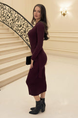 Burgundy Rib Knit Gold Buckle Detail Midi Dress