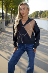 Multi Argyle Button Front Knitted Cardigan