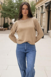 Oatmeal Pearl Embellished Crew Neck Jumper