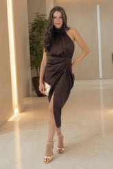 Chocolate Halter Neck Gathered Skirt Midi Dress