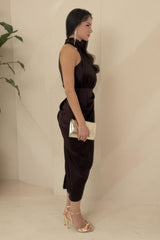 Chocolate Halter Neck Gathered Skirt Midi Dress