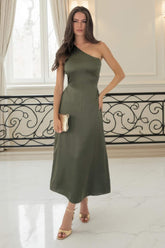 Olive One Shoulder Open Back Twist Detail Midi Dress