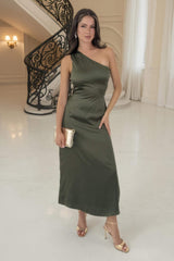 Olive One Shoulder Open Back Twist Detail Midi Dress