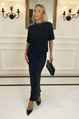 Black Embellished Neck Fluffy Knit Top