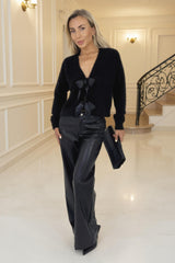 Black Fluffy Knit Satin Bows Front Cardigan