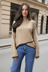 Oatmeal Contrast Piping Crew Neck Jumper