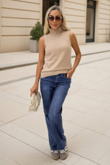 Oatmeal Pearl Embellished High Neck Knit Vest