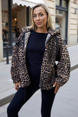 Leopard Print Drawstring Hooded Teddy Jacket