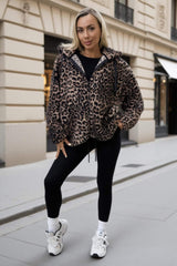 Leopard Print Drawstring Hooded Teddy Jacket