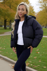 Black Drawstring Hood Short Puffer Coat