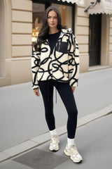 Cream And Black Swirl Pocket Detail Hooded Teddy Jacket