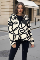 Cream And Black Swirl Pocket Detail Hooded Teddy Jacket