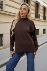 Chocolate Mock Neck Split Hem Jumper