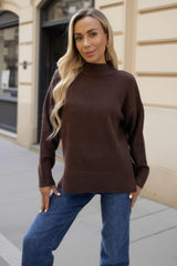 Chocolate Mock Neck Split Hem Jumper