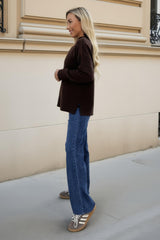 Chocolate Mock Neck Split Hem Jumper