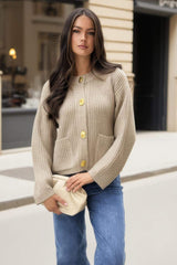 Oatmeal Knitted Gold Button Front Cardigan