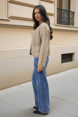 Oatmeal Knitted Gold Button Front Cardigan