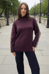 Burgundy Mock Neck Blanket Stitch Detail Jumper