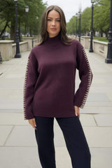Burgundy Mock Neck Blanket Stitch Detail Jumper