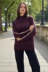 Burgundy Mock Neck Blanket Stitch Detail Jumper