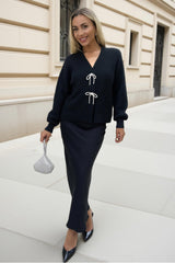 Black Diamante Bow Detail Knitted Cardigan