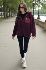 Burgundy Pocket Detail Hooded Teddy Jacket