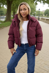 Burgundy Hooded Short Puffer Coat